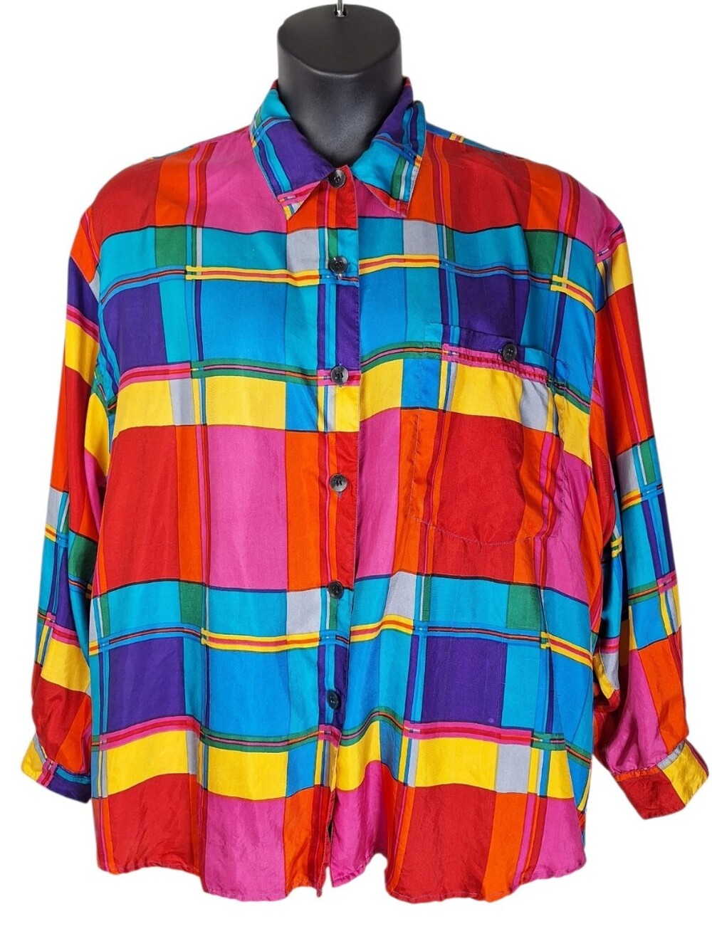 Womens Plus Size 3x 100% Silk Button Up Long Sleeve Top Plaid Bright Colorful